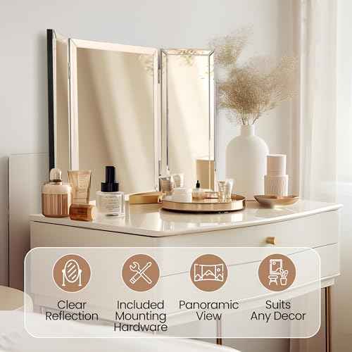 Houseables 3 Way Mirror, Trifold Mirror, Trifold Vanity, Three Way Folding, Tri Fold, For Braiding Hair, 3way, 3 Sided, Three Panel, Triple, Tabletop, Bathroom, Makeup, Self Haircut, 360, 21 x 31 Inch