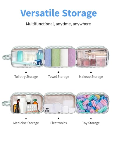 Narwey Clear Toiletry Bag for Women - Green Checkerboard Travel Organizer, Waterproof Cosmetic Storage