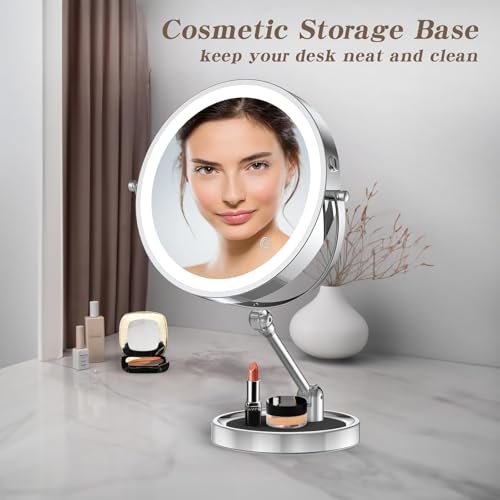 Rocollos 9-Inch Chrome Rechargeable LED Makeup Mirror with Vanity Tray & 10X Magnification