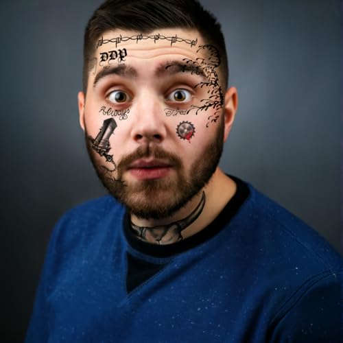 4 Sheets Cosplay Rapper-Inspired Temporary Tattoos ? Face Tattoo Stickers for Men, Women and Kids ? Hip-Hop Style Fake Tattoos for Cosplay, Halloween, and Parties