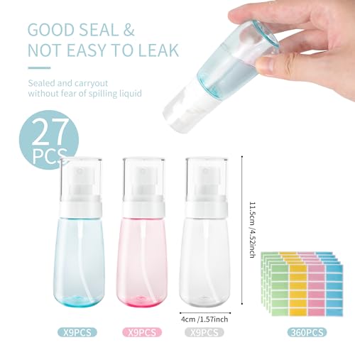 27 Pcs Travel Spray Bottle 60ml/2oz Leak Proof Fine Mist Spray Bottles Empty Mini Makeup Face Spray Bottle Clear Refillable Travel Containers for Perfume Cosmetic Essential Oil, 3 Color(360pcs Labels)