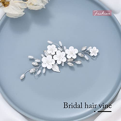 JEAIRTS Flower Wedding Hair Vine Silver Glitter Rhinestone Bridal Hair Pieces Pearl Leaf Bride Headpiece Crystal Hair Accessories for Women and Girls (A-Silver)