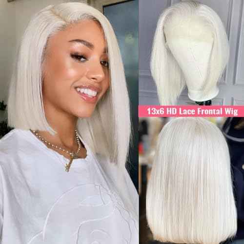 Silver Grey White Platinum Blonde Bob Wigs 13x6 Lace Frontal Human Hair for Women 10 Inch Silky Straight White Blonde Blunt Cut Bob with Baby Hair Pre plucked HD Transparent Lace Frontal 180%