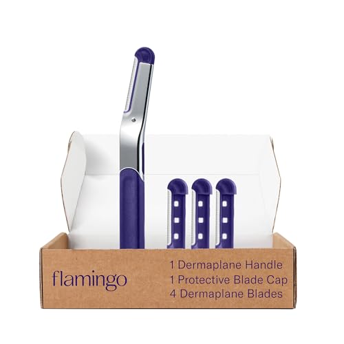 Flamingo Dermaplane Starter Set with Handle & 4 Refillable Razor Blades for Facial Hair & Exfoliation