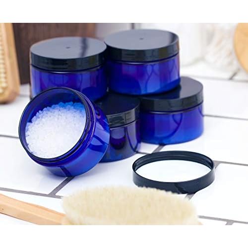 4 oz Cobalt Blue PET Plastic Low Profile Jar with Black Lids (12 pack) Refillable Empty Containers