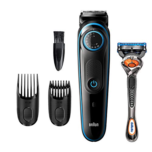 Braun Beard Trimmer BT5240, Hair Clippers for Men, Cordless & Rechargeable with Gillette ProGlide Razor, Black/Blue