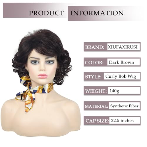 Dark Brown Curly Wig with Bangs - Short Synthetic Hair for Women