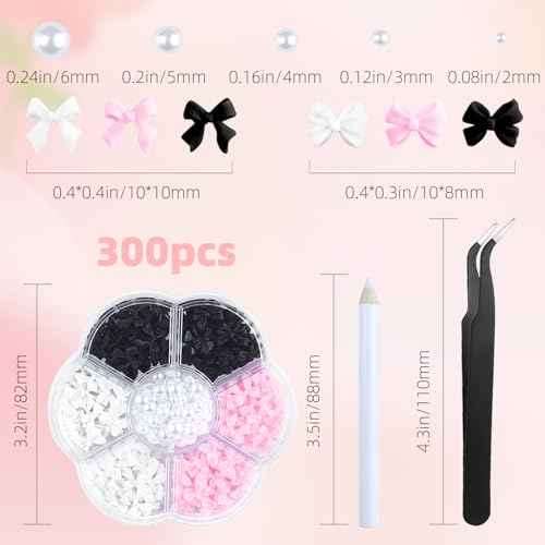 300Pcs 3D Bow Nail Charms and Flatback Pearls Set,Black White Pink Bowknot,Bow-Knot Nail Stud Rhinestones Crystal,Nail Art Charms,Nail Art Supplies,for Manicure DIY,Nail Art Design,Jewelry Decoration