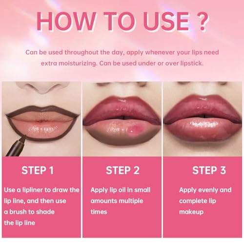 4 Colors Hydrating Lip Oil Plumping + Lip Liner Set, Shiny Glow Reviver Lip Care Oil, Moisturizing Big Brush Head Clear Pink Glitter Transparent Lip Gloss Combo Makeup Present for Women