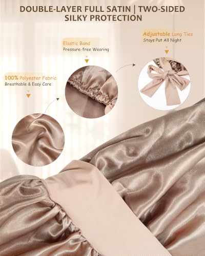 AWAYTR Long Satin Bonnet for Braids - Double Layer Sleep Cap, Champagne, One Size