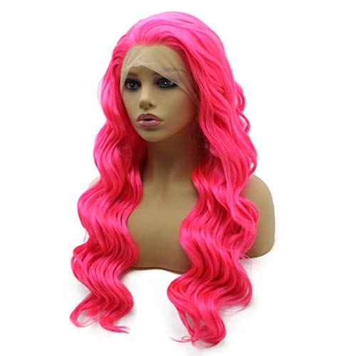 iwonawig Long Wavy Half Hand Tied Heat Resistant Synthetic Swiss Lace Front Pink Wig