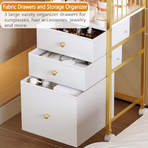 Gold Makeup Cart Organizer with Mirror, Large Floor Vanity Storage