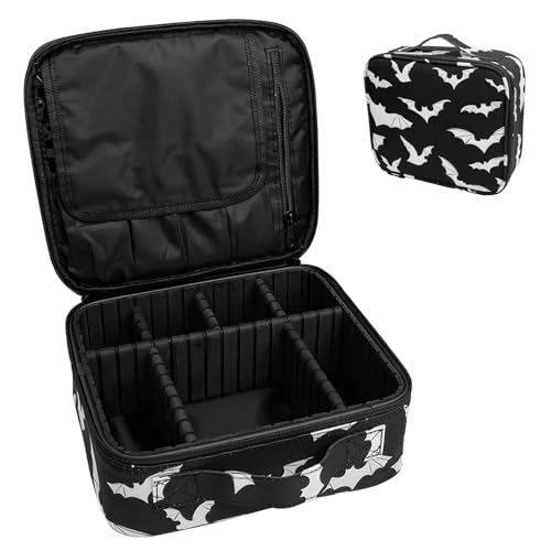 9CH Goth Makeup Organizer Bag, Halloween Makeup Bags Large Cosmetic Bag with Adjustable Dividers Portable Bat Cosmetic Case for Make up Brushes Toiletry Jewelry£¨Black Bats£©