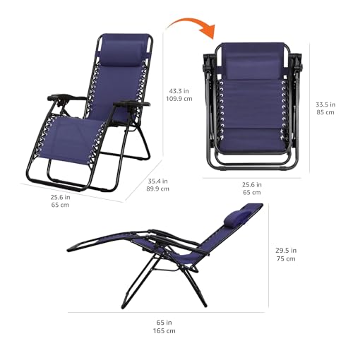 Amazon Basics Zero Gravity Lounge Chair with Pillow Navy Blue, Foldable Outdoor Recliner 300 lb