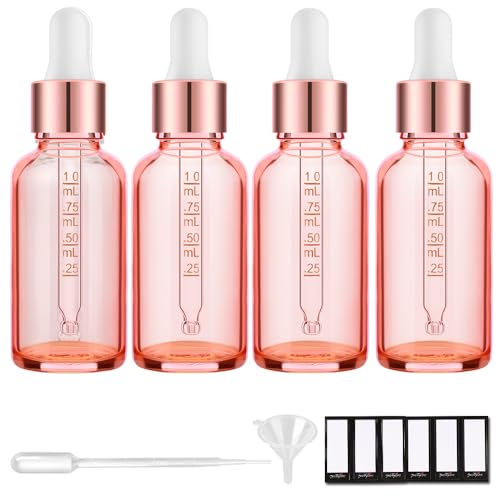 PrettyCare 4 Pack 1oz Rose Glass Dropper Bottles Essential Oils