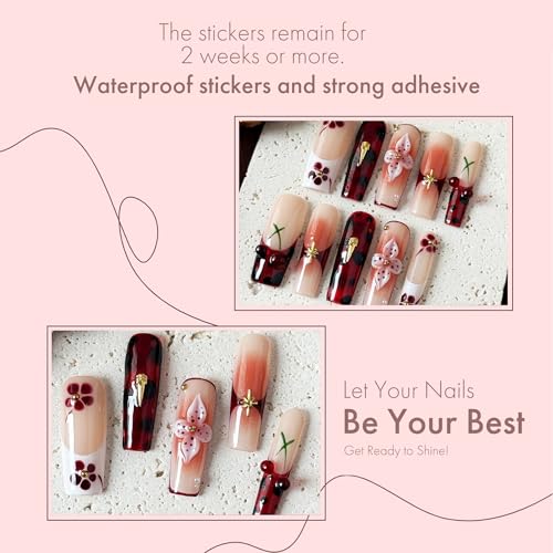 Rouge Sonata 10pcs Press On Nails for Women, Crimson Floral Golden Accent Acrylic UV Gel Wearable Nails, Korean Style Wine Red Gradient Cherry Blossom Fake Nails Set (Dark red, L)
