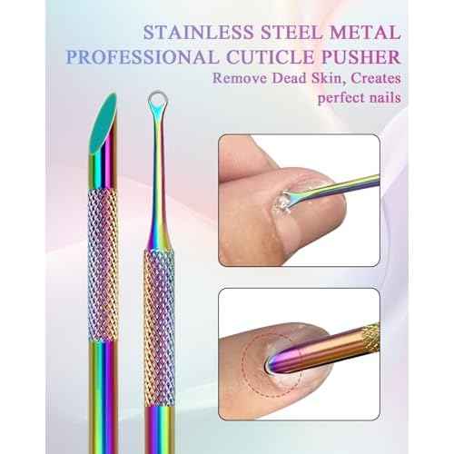 Dual Ended Cuticle Remover, Pre-treatment Cuticle Pusher with Loop Cuticle Pusher Removing, Stainless Steel Cuticle Nail Tool with 100#/240# Grit Nail Files and 1p Storage Bags, For Salon & Home Use