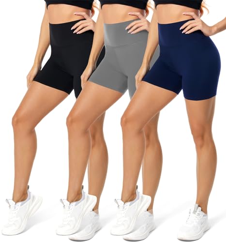 FULLSOFT 3 Pack High Waisted Biker Shorts for Women – 5" Black Workout Yoga Athletic Spandex Soft Shorts for Gym Running (Black, Dark Grey, Navy Blue,Small-Medium)