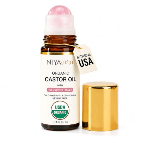 Organic Castor Oil Roll-On with Rose Quartz - 1.7 oz Cold Pressed, Hexane-Free for Skin & Body