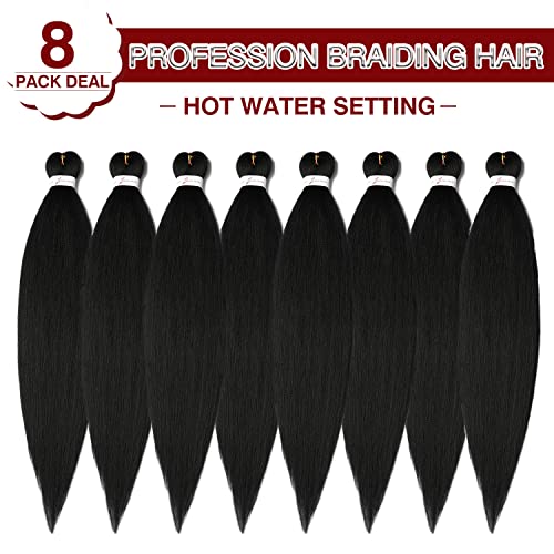 Pre Stretched Braiding Hair Natural Black - 20''8 Packs Braid Crochet Hair Hot Water Setting Professional Soft Yaki Texture (20inch,#1B)