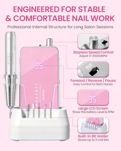 Makartt Professional Nail Drill - 35000 RPM E-File, Cordless & Quiet