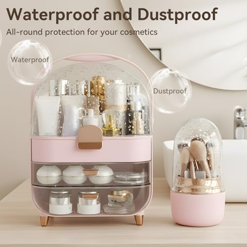 Large Pink Makeup Organizer with Brush Holder & Drawers