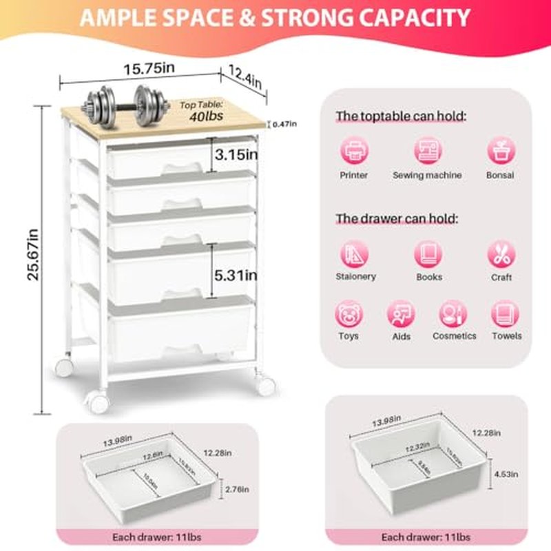 Goovilla 5-Tier Rolling Cart with Lockable Drawers & Wooden Top