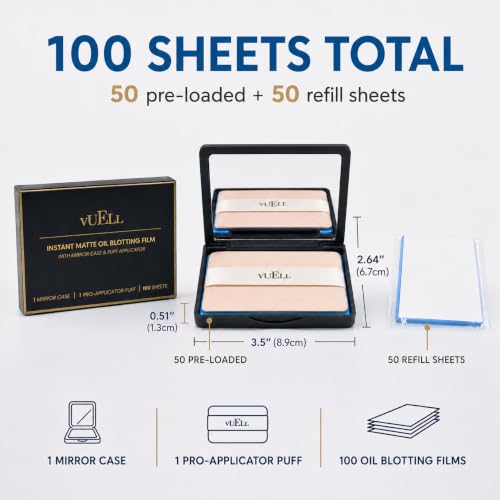 Oil Blotting Sheets Compact with Mirror & Puff – 100 Sheets