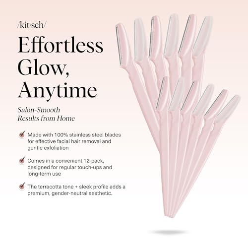 Kitsch Dermaplane Facial Razors - Exfoliating Face Shaver, 12 Pack (Blush)