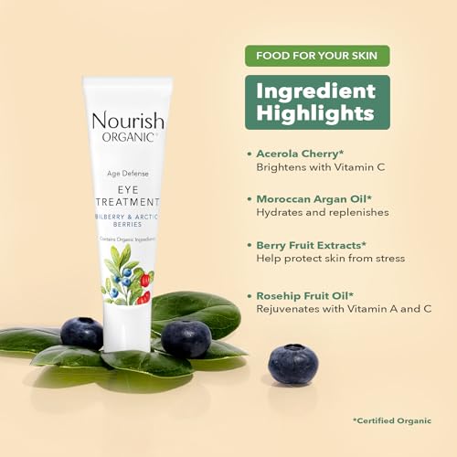 Nourish Organic Eye Treatment, Bilberry & Arctic Berries ? Age Defense Under Eye Cream with Vitamin C + Washable Cotton Round