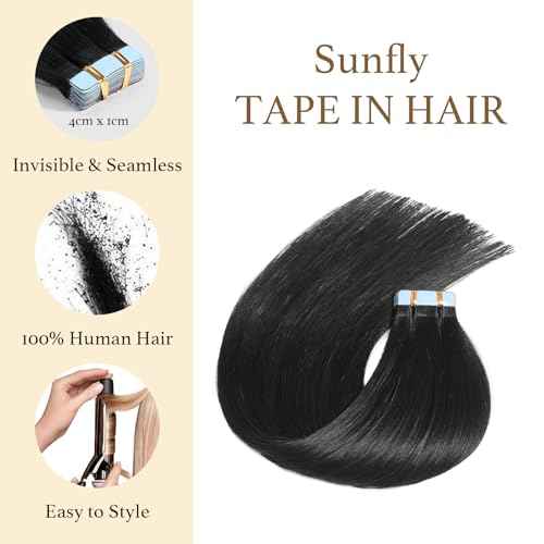 Sunfly Tape in Hair Extensions Human Hair 24 Inch Jet Black 20 Pieces Invisible Hair Extensions Tape Ins Seamless Adding Length 50g