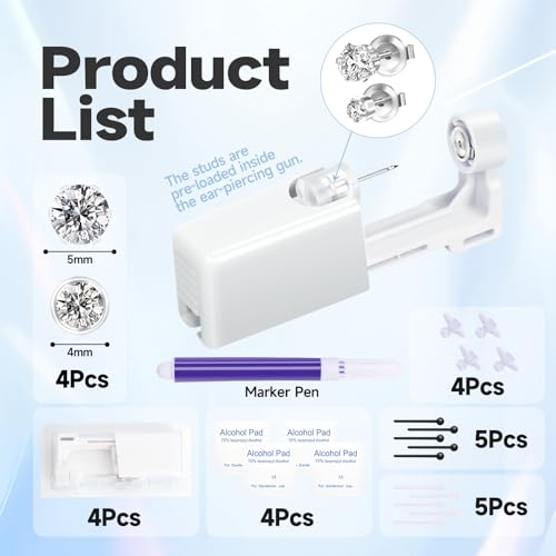 4pcs Ear Piercing Kit with CZ Studs - Sterile Disposable Guns