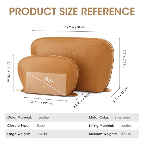 Kattee Medium Leather Makeup Bag for Women - Brown Cosmetic Organizer