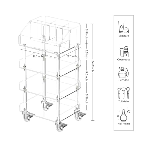 Aquiver 4-Tier Acrylic Makeup Organizer Cart with Rolling Wheels