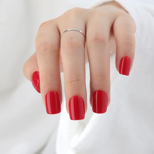 Short Square Press-On Nails Glossy Red 30 Piece Set