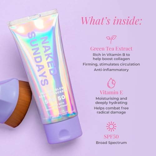 Naked Sundays SPF50 Golden Glow Body Sunscreen ? Broad Spectrum UVA/UVB Protection, Glowy & Shimmering, Fragrance-Free, Firming, Non-Transfer SPF Lotion ? 100ml