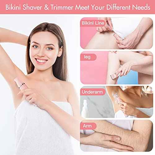 Electric Bikini Trimmer for Women - 2 in 1 Electric Lady Pubic Hair Groomer Painless Hair Removal Razor Body Shaver, Portable Ladies Shaver with 2 Trimmer Heads, IPX7 Waterproof