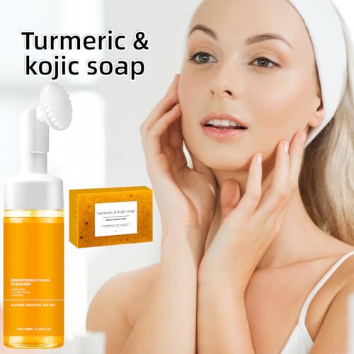 Turmeric Wash and Care Two Piece Set,Turmeric Facial Cleanser & Soap Bar,Face & Body Cleanser, Face Wash and Natural Handmade Soap,for All Skin Types£¬Bring a Bubble Net
