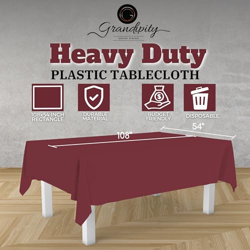 Grandipity Burgundy 12 Pack Premium Disposable Plastic Tablecloth 54 Inch. x 108 Inch. Decorative Rectangle Table Cover