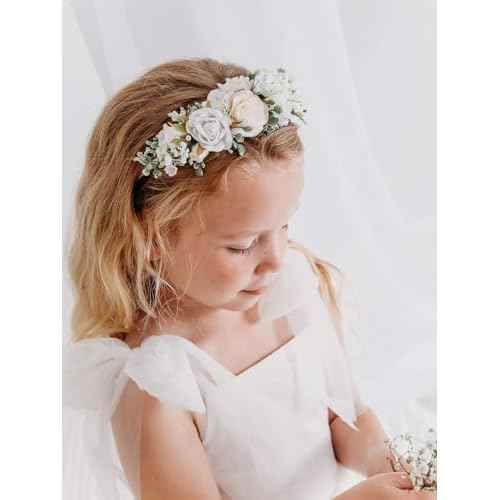 White Ivory Flower Crown Hairband for Girls Birthday Party Princess Floral Headband for Little Bridesmaids Wedding Photo Prop