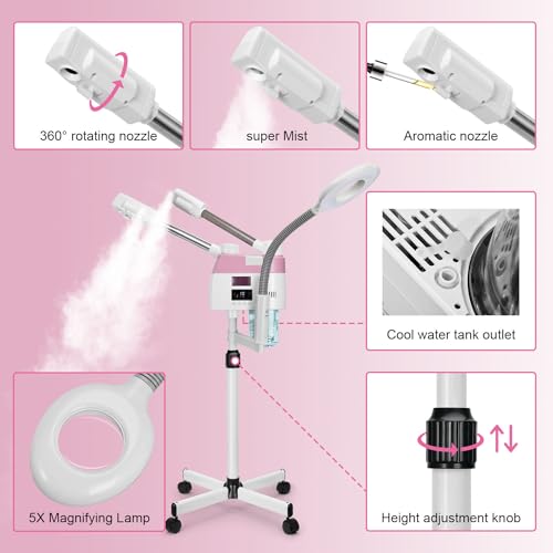 Professional 3-in-1 Facial Steamer with 5X Magnifying Lamp & Wheels