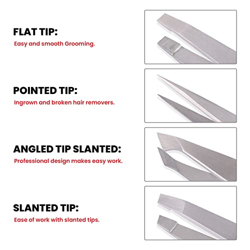 Tweezers Set, Eyebrows Tweezers Set Professional Stainless Steel Tweezers Set - 4 Pieces with Leatherette Travel Case Perfect for Facial Hair, Beauty and Personal Care Tool Set, Hobri International