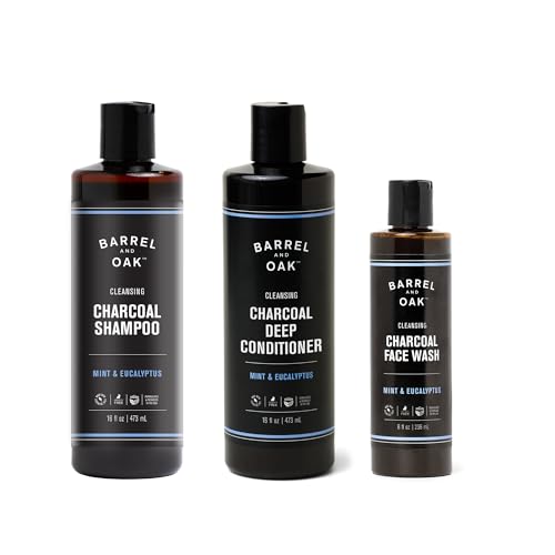 Barrel & Oak Mint & Eucalyptus Body Care Set, Charcoal Face Wash, Shampoo and Conditioner Set for Men, Cleansing Grooming Kit, Vegan Gifts for Men, 3-Pack