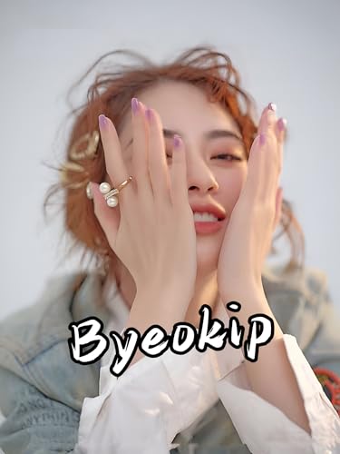 Byeokip Almond Short2 Rose Pink Press On Nails Set - Reusable Fake Nails with Stripe Design, Glossy Finish, 24 Pcs