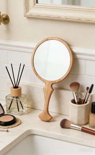 Wooden Handheld Mirror 5.1" Vintage Round Beech Wood with Handle