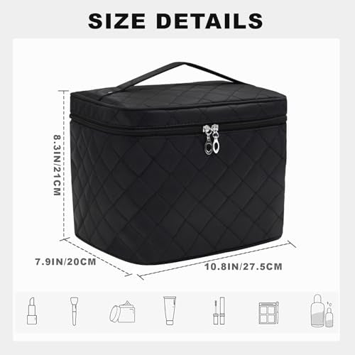 Makeup Bag Cosmetic Travel Bag Large Make Up Bag with Handle Zipper Makeup case Waterproof Cosmetic Pouch for Purse Makeup Brush Bags for Women Girls-Black