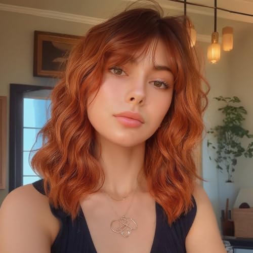 ENTRANCED STYLES Auburn Wavy Bob Wig with Bangs - Short Curly Synthetic Hair, 14 Inch, Heat Resistant, Natural Look for Women