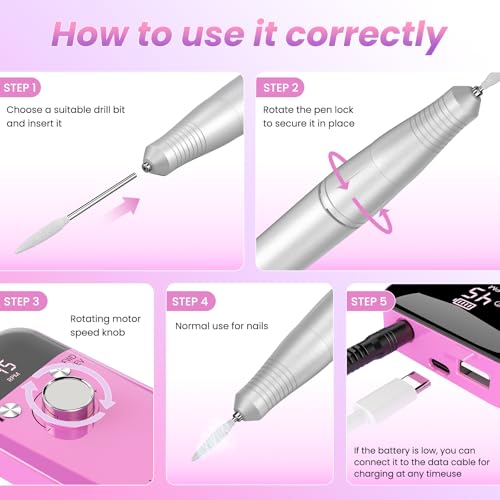 Maohaha Medium Cordless Electric Nail Drill Kit for Acrylic Gel Nails Manicure Pedicure