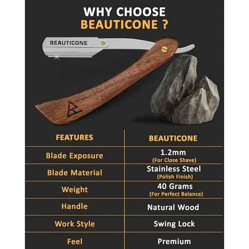 BEAUTICONE Straight Razors for Men, Straight Edge Razor, Stainless Steel, Barber Razor for Men's Shaving, Barber Shaving Knife, Rose Wooden Swinglock