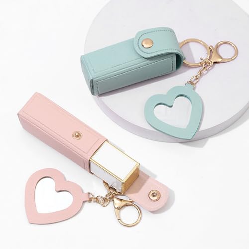 Arvintas 4 Pack PU Leather Lipstick Holder Keychain with Mirror